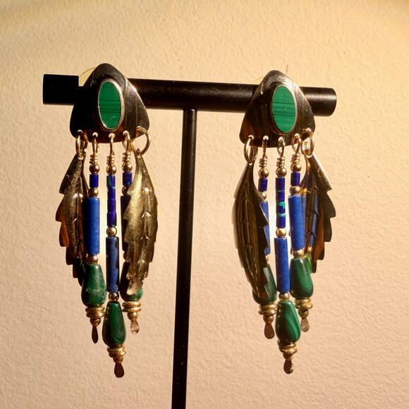 Tabra Tunoa Vintage Earrings - Malachite, Lapis Lazuli, and Gold-filled Leafs - Picture 3 of 6